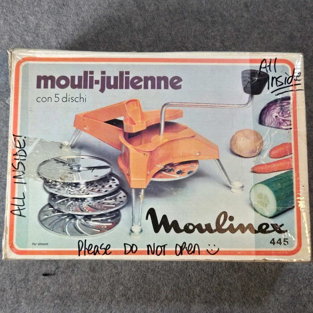 Vintage Moulinex Mouli-Julienne 445 Orange Food Slicer 5 Discs Complete set
